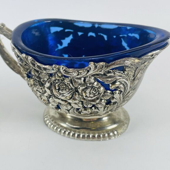 Antique Silver Plated Rose Floral Design Cobalt Blue Lined Sugar And Creamer Set - Picture 11 of 16